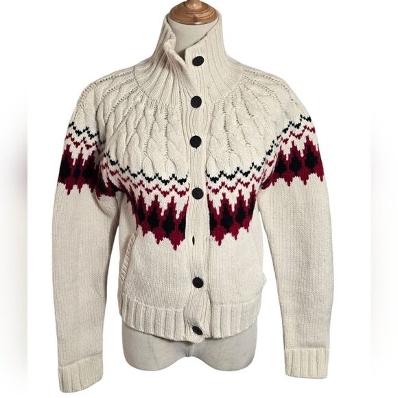 L.L. Bean White and Burgundy Cropped Cardigan Sweater - Picture 1 of 5